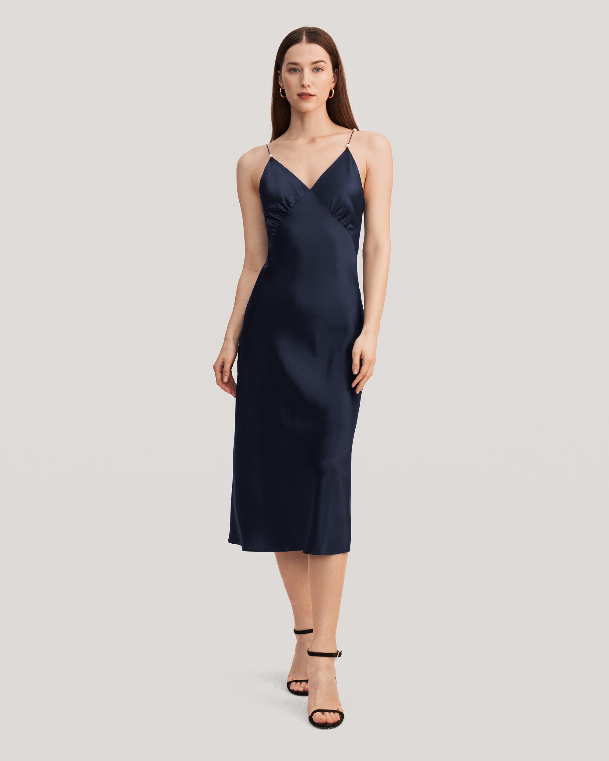 Navy blue silk hot sale dress long