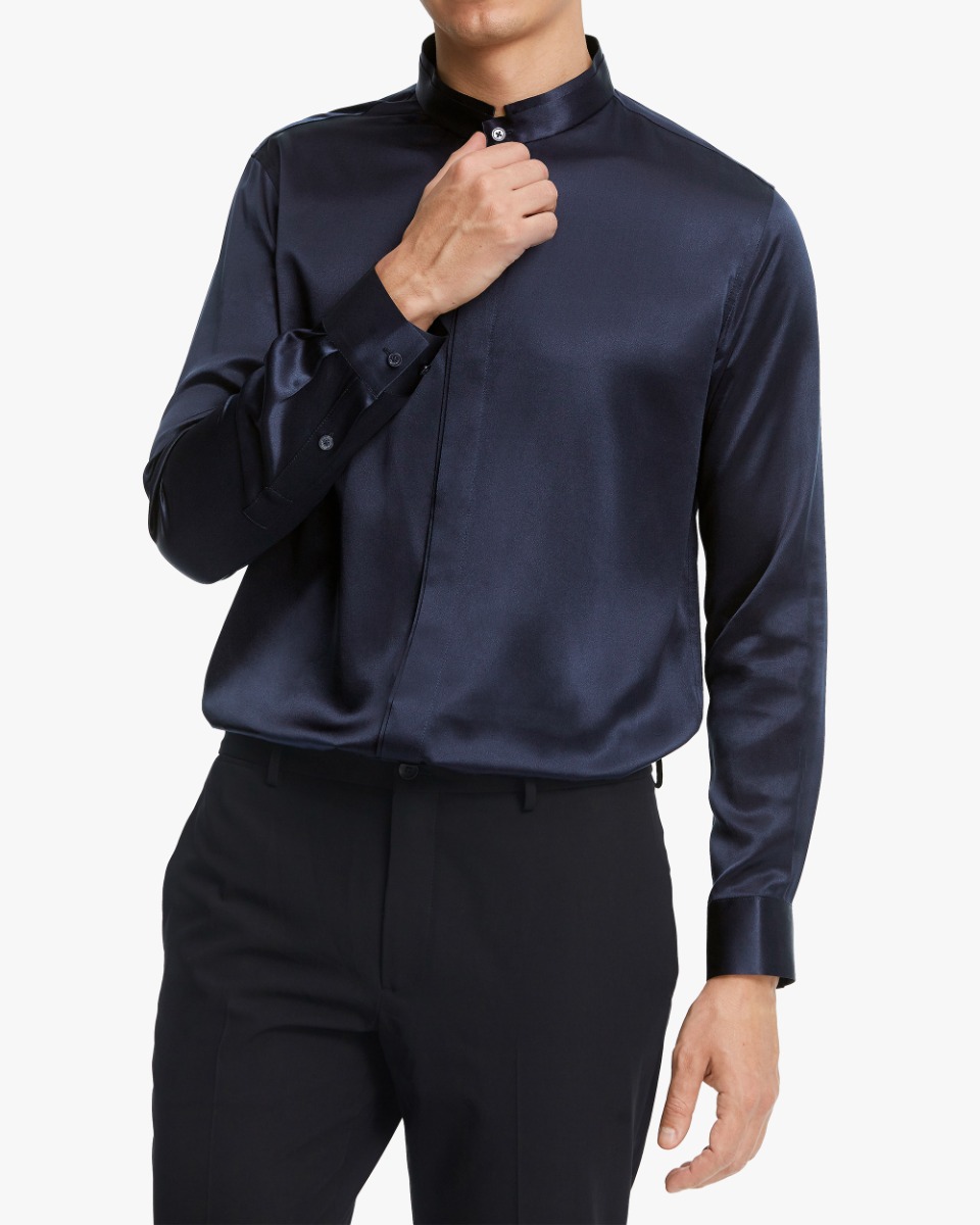 Navy blue store silk shirt mens