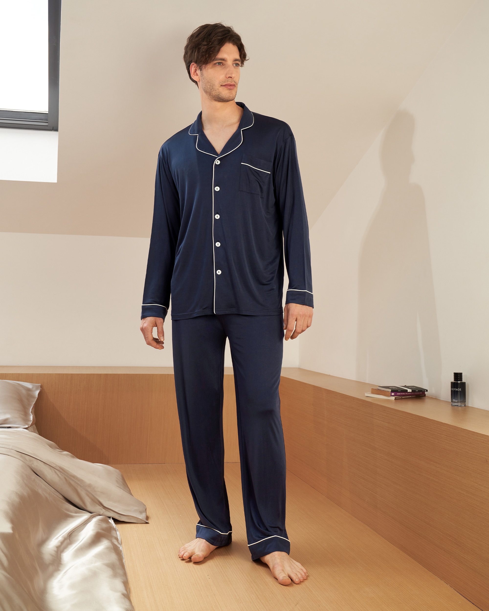 Casual Lapel Collar Silk Pajamas Set for Men