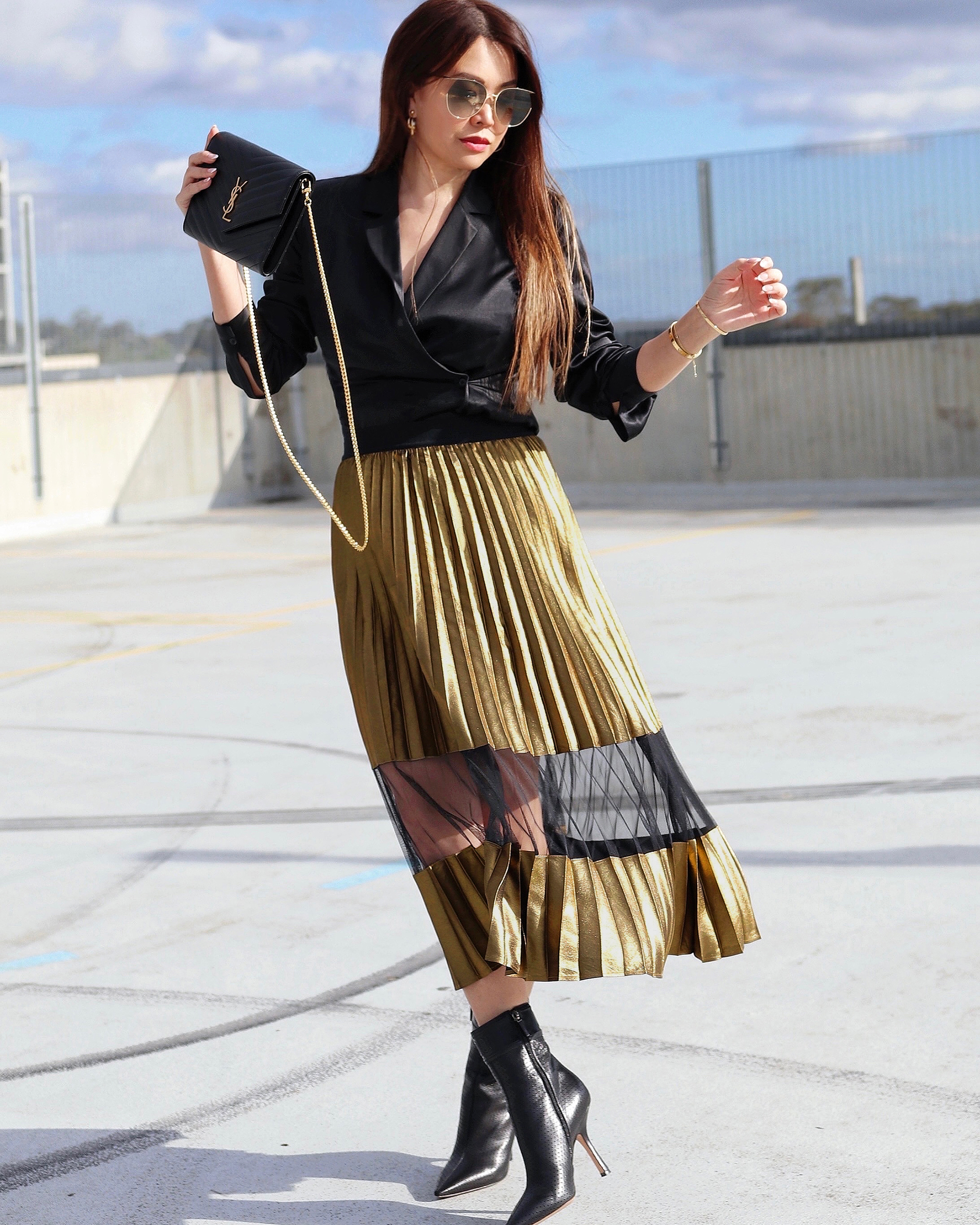 LILYSILK X MIM “STELLA” Pleated Skirt With Mesh Insert