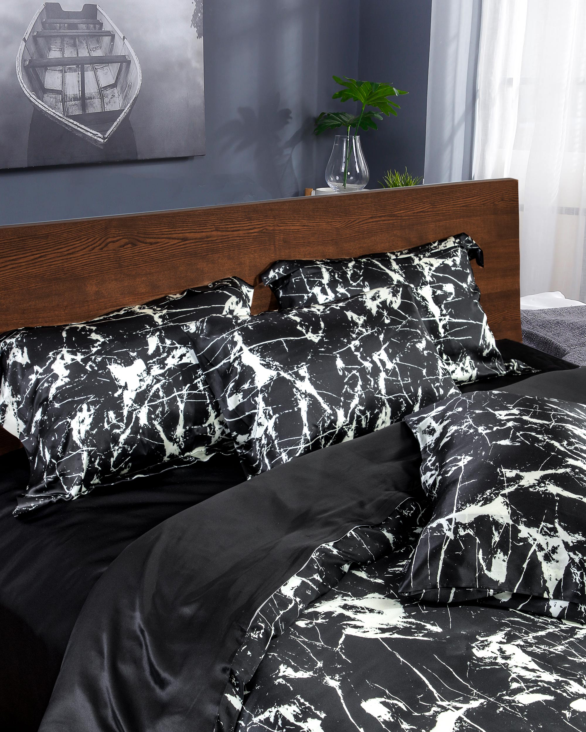 19MM 3PC Black Marbling Print Silk Duvet Cover Set