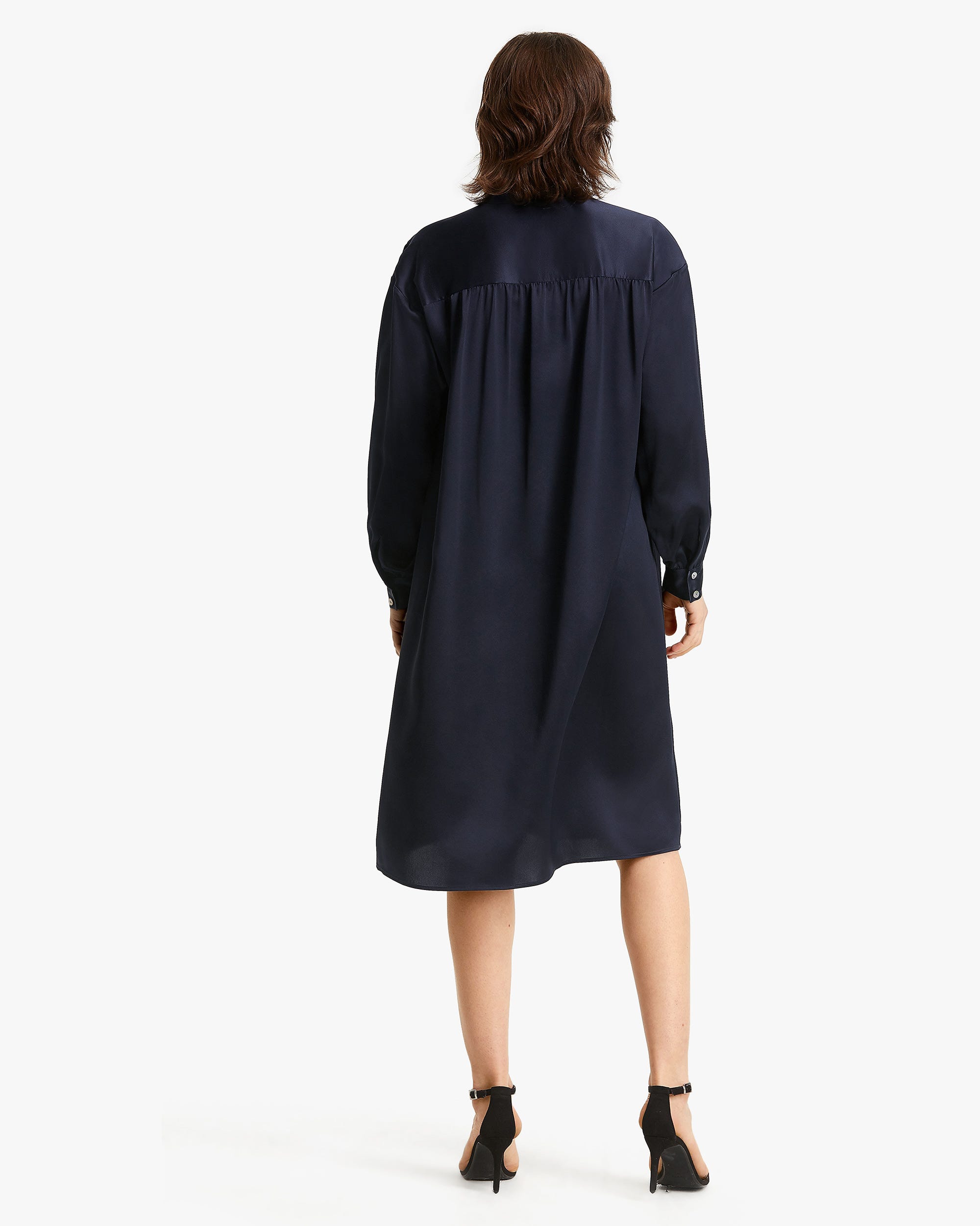 Belted Shirred Silk Shirt Dress Navy Blue L