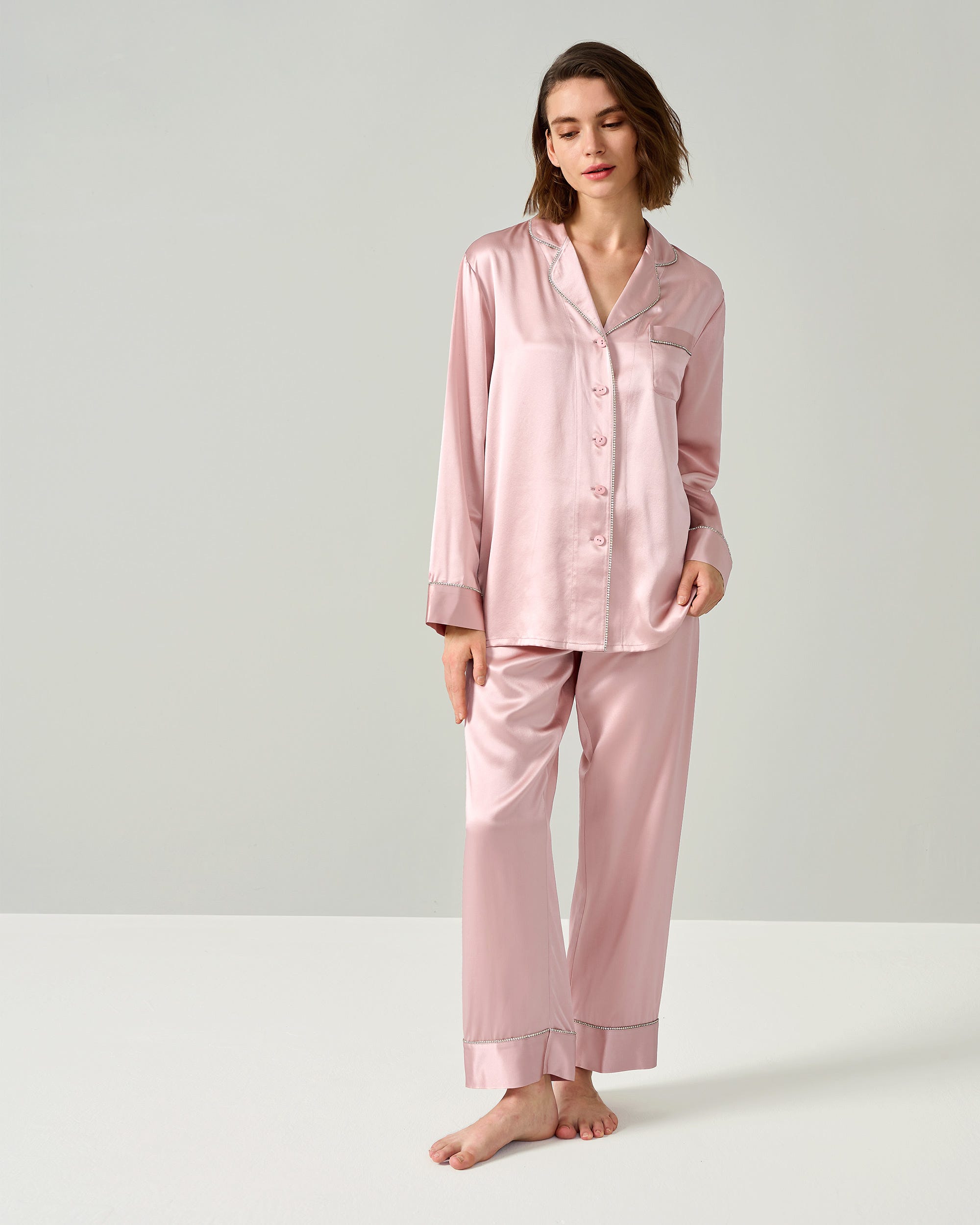 Clearance Rhinestone Trimmed Silk Women Pajamas Set M