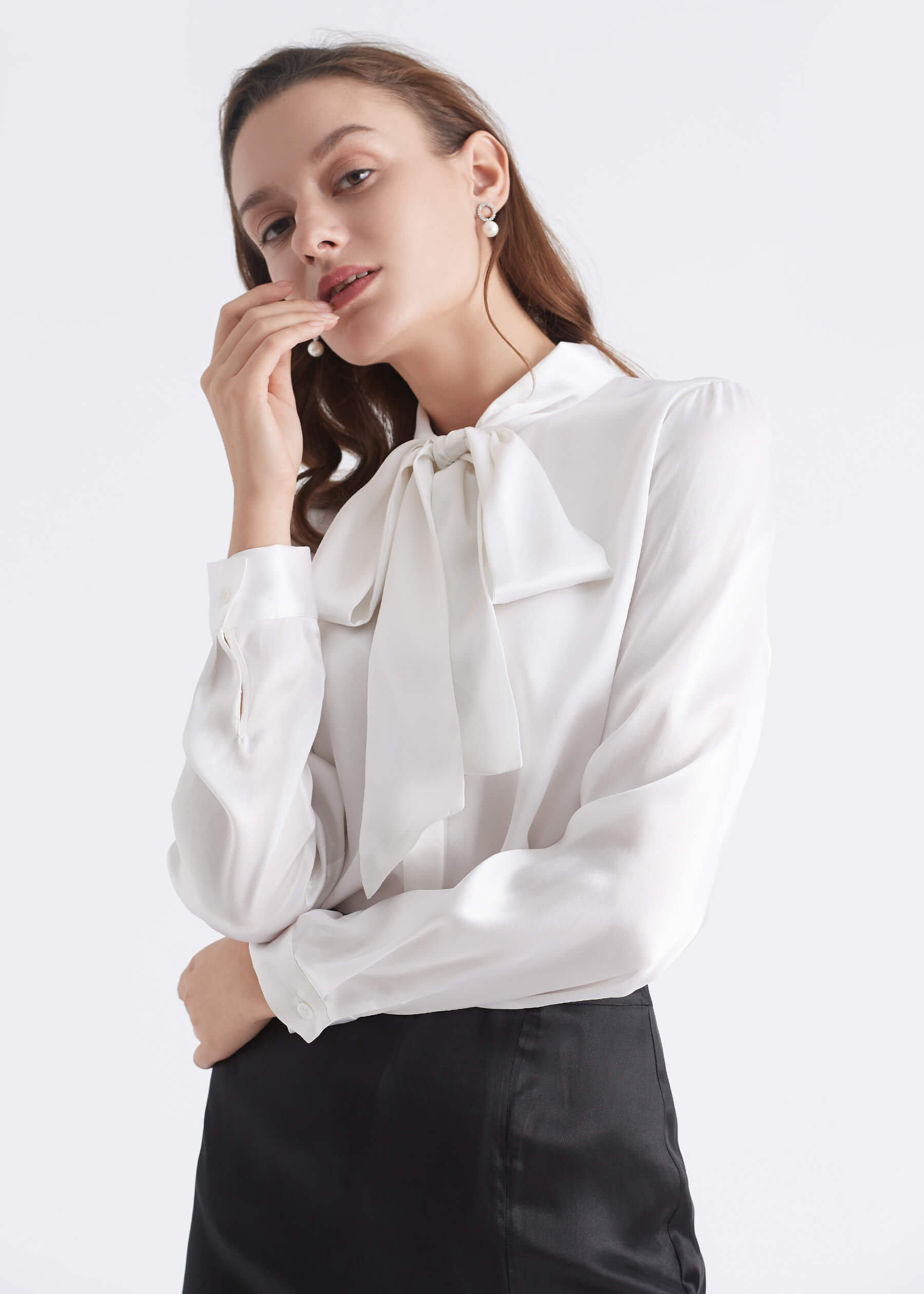 Bow-tie Neck Silk Blouse White XS