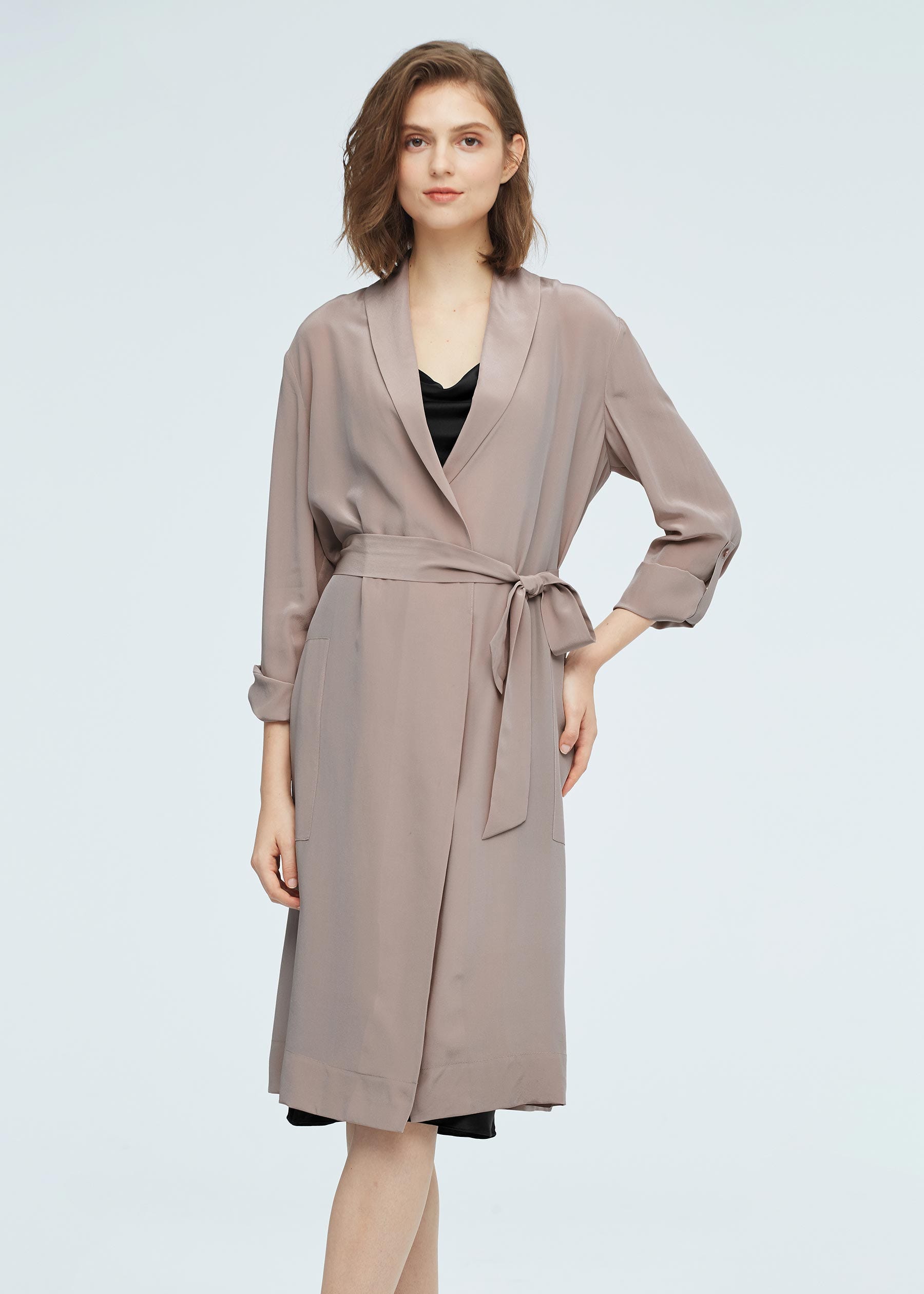 Clearance Women Mid-length Solid Color Silk Trench Coat M