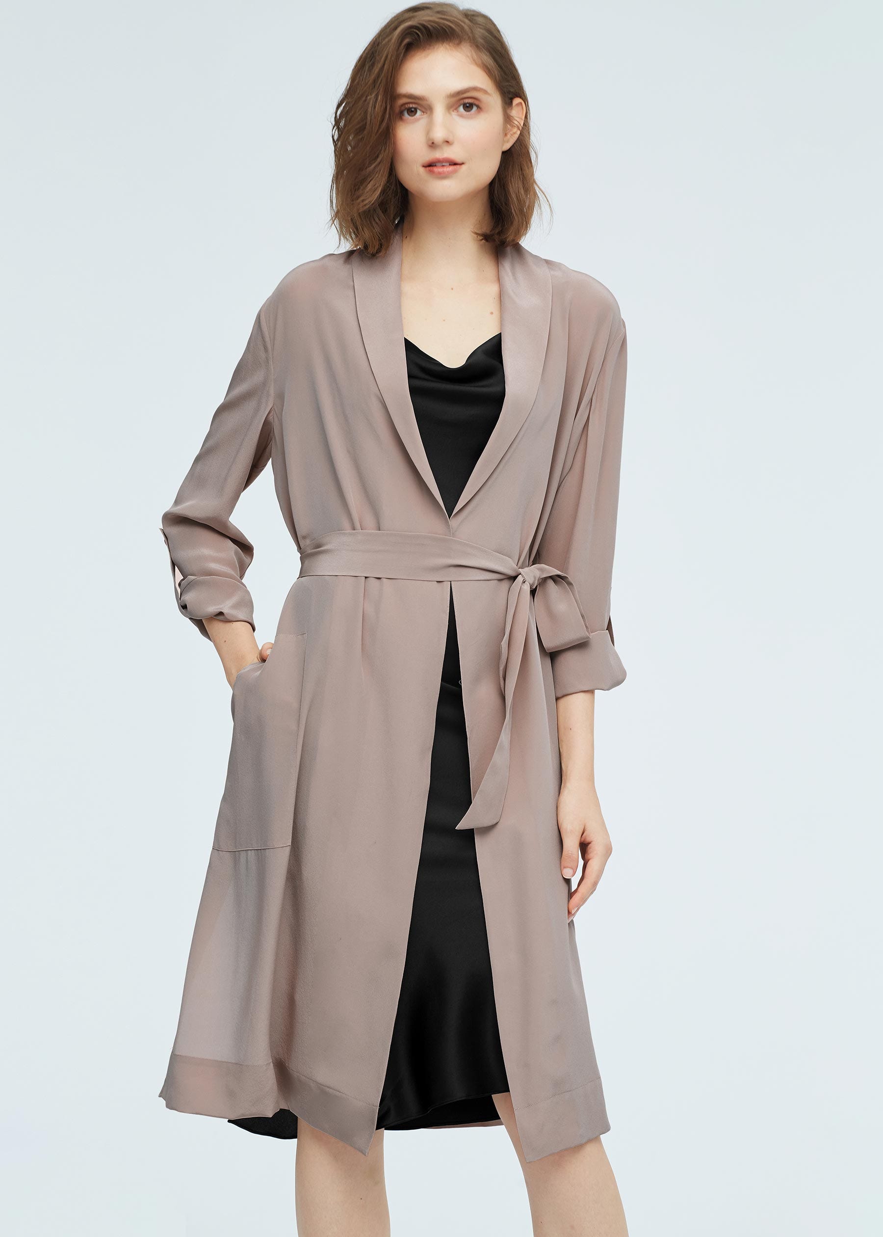 Clearance Women Mid-length Solid Color Silk Trench Coat M