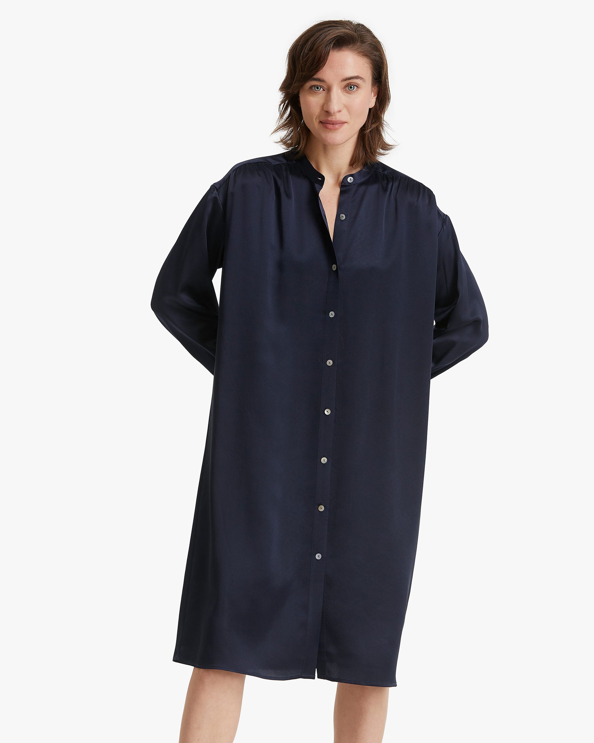 Belted Shirred Silk Shirt Dress Navy Blue L