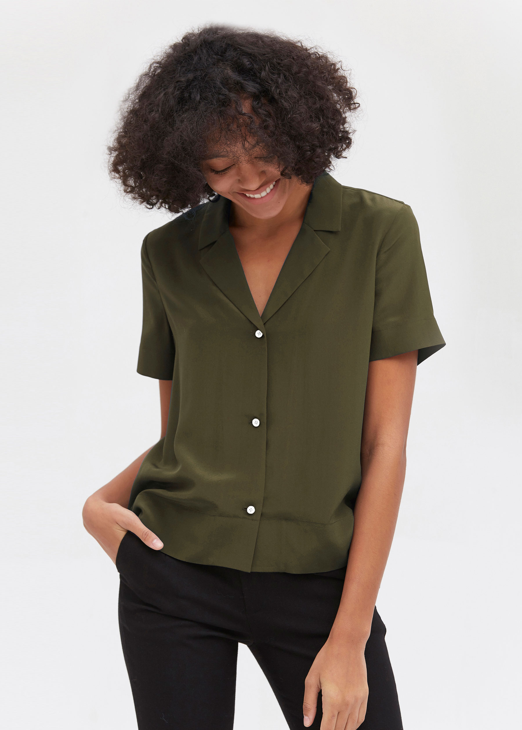 Clearance V Neck Half-Sleeve Notch Silk Shirt M