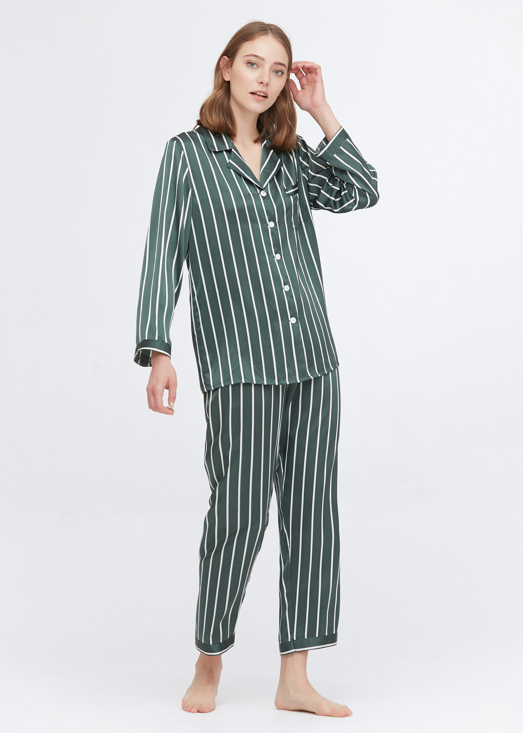 Chic Green And White Striped Silk Pajamas Set