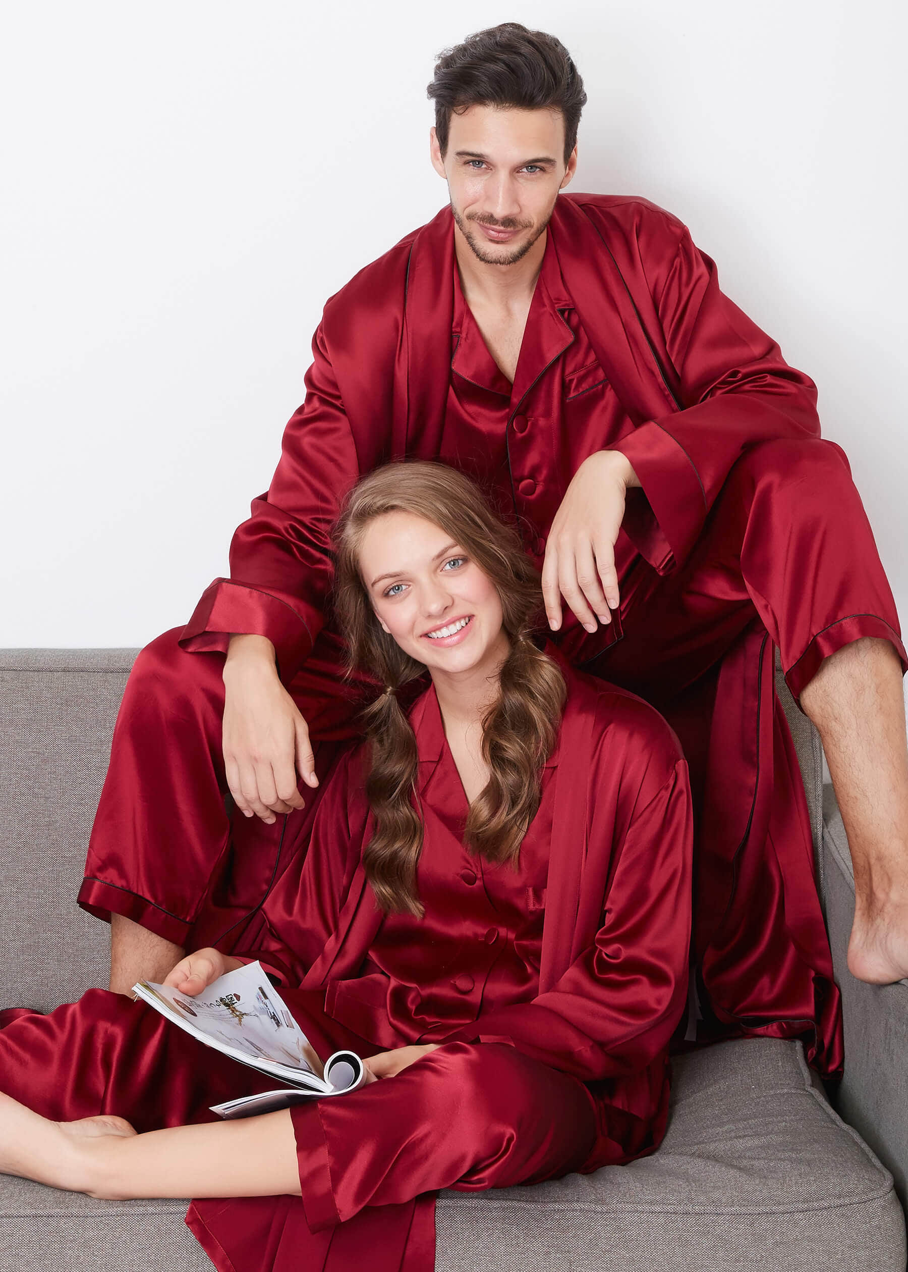 22 Momme Long Sleeve Matching Couples Dressing Gown And Pyjamas Sets