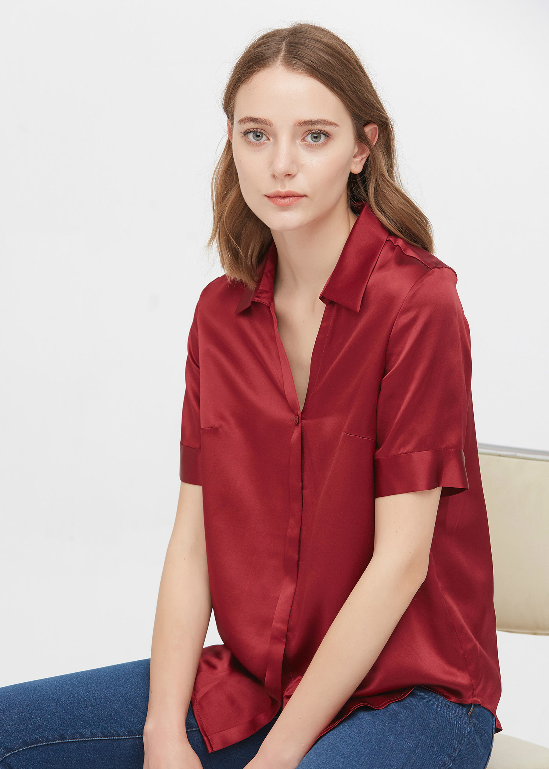 red silk short sleeve blouse