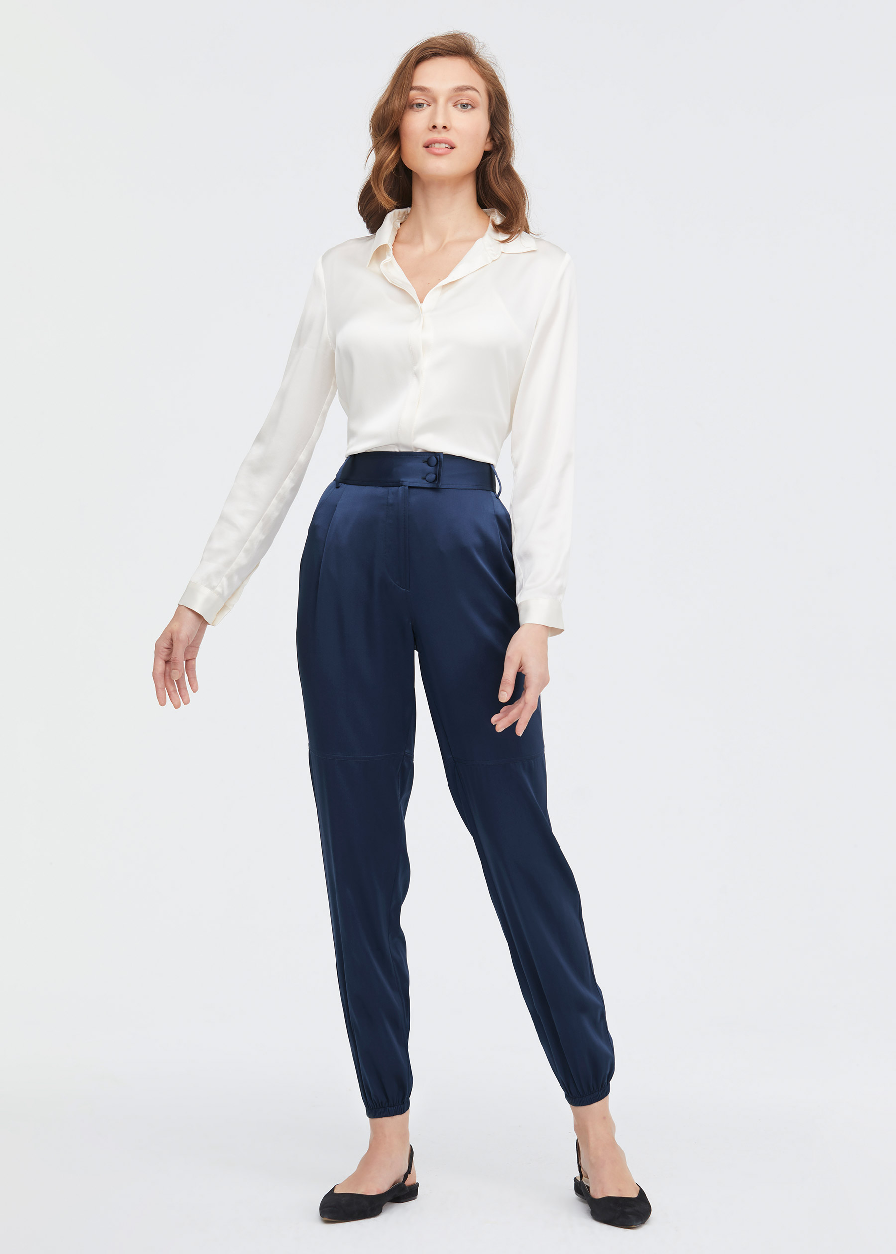 Wide Waistband Button Detail Silk Cargo Pants