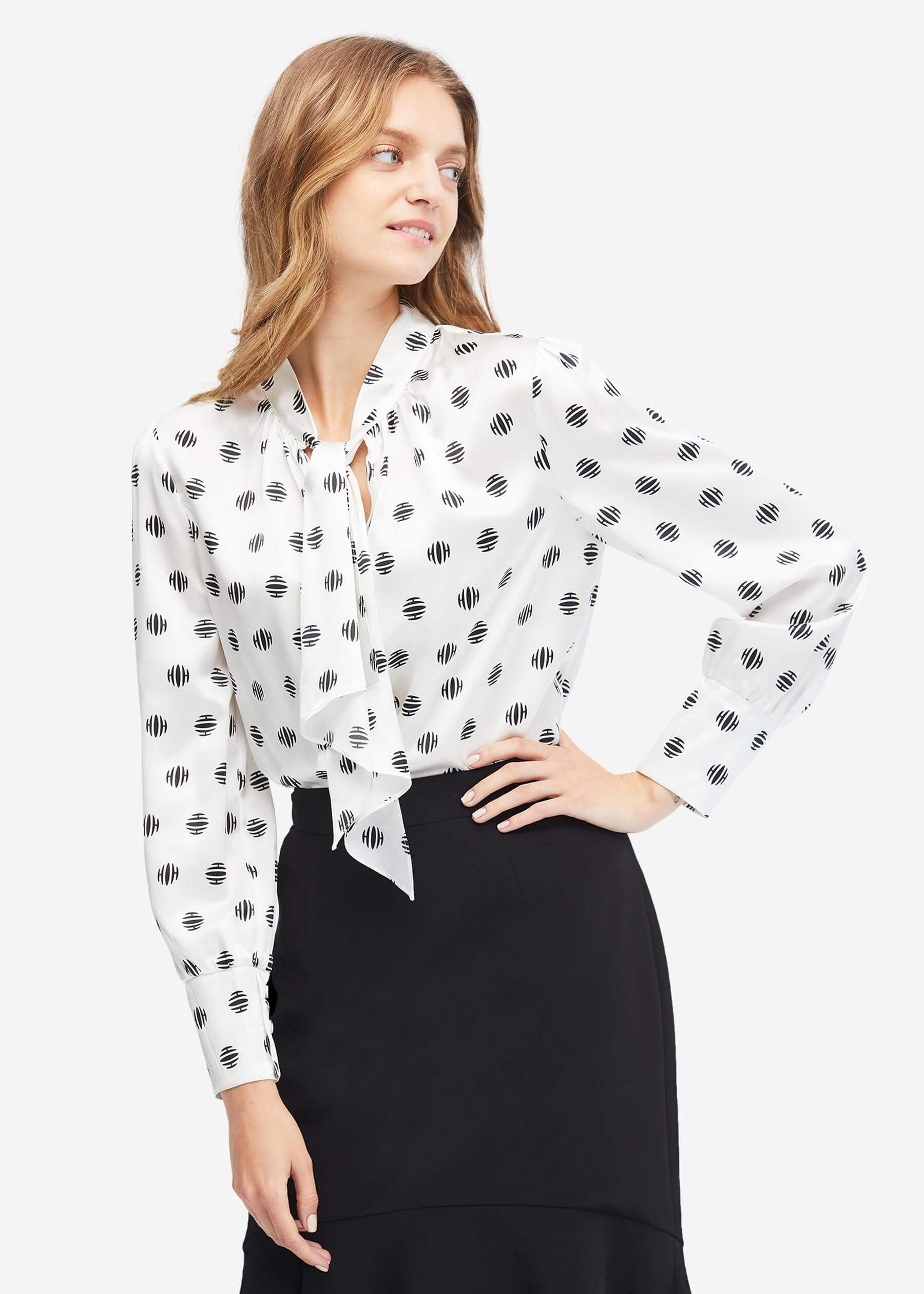 Elegant Polka Dot Ribbon Collar Silk Blouse