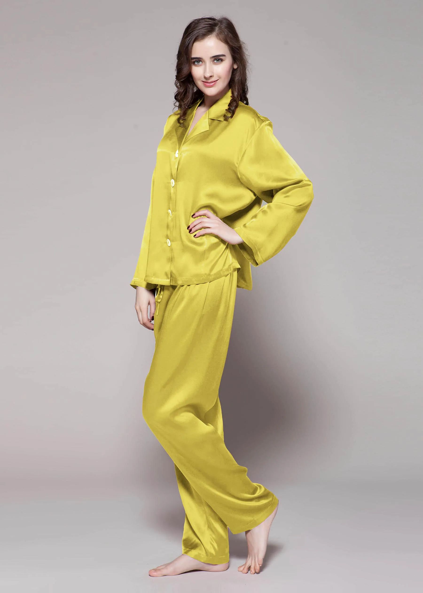 22 Momme Long Classic Silk Pajama Set Zinnia Yellow L