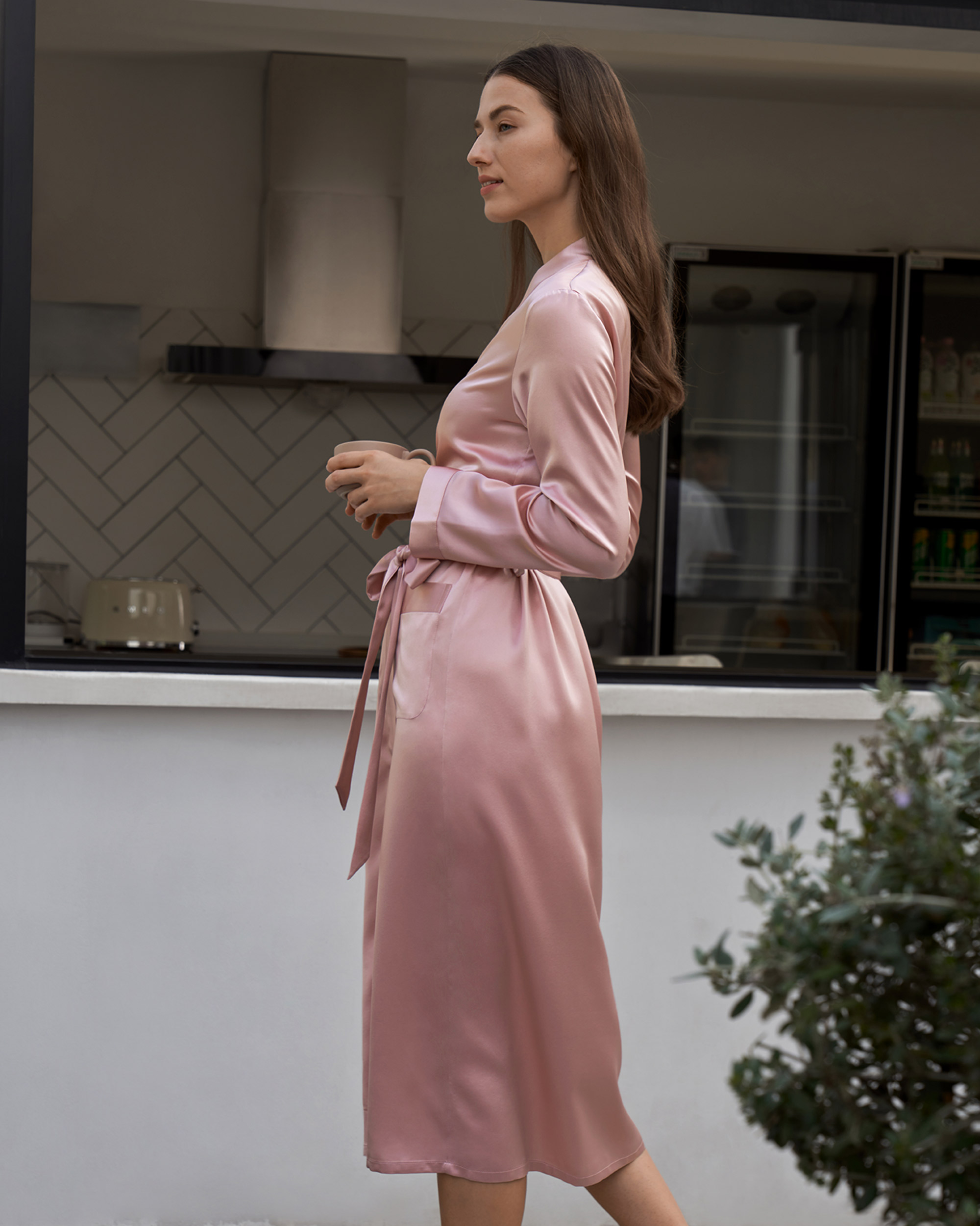 Pink silky shop dressing gown