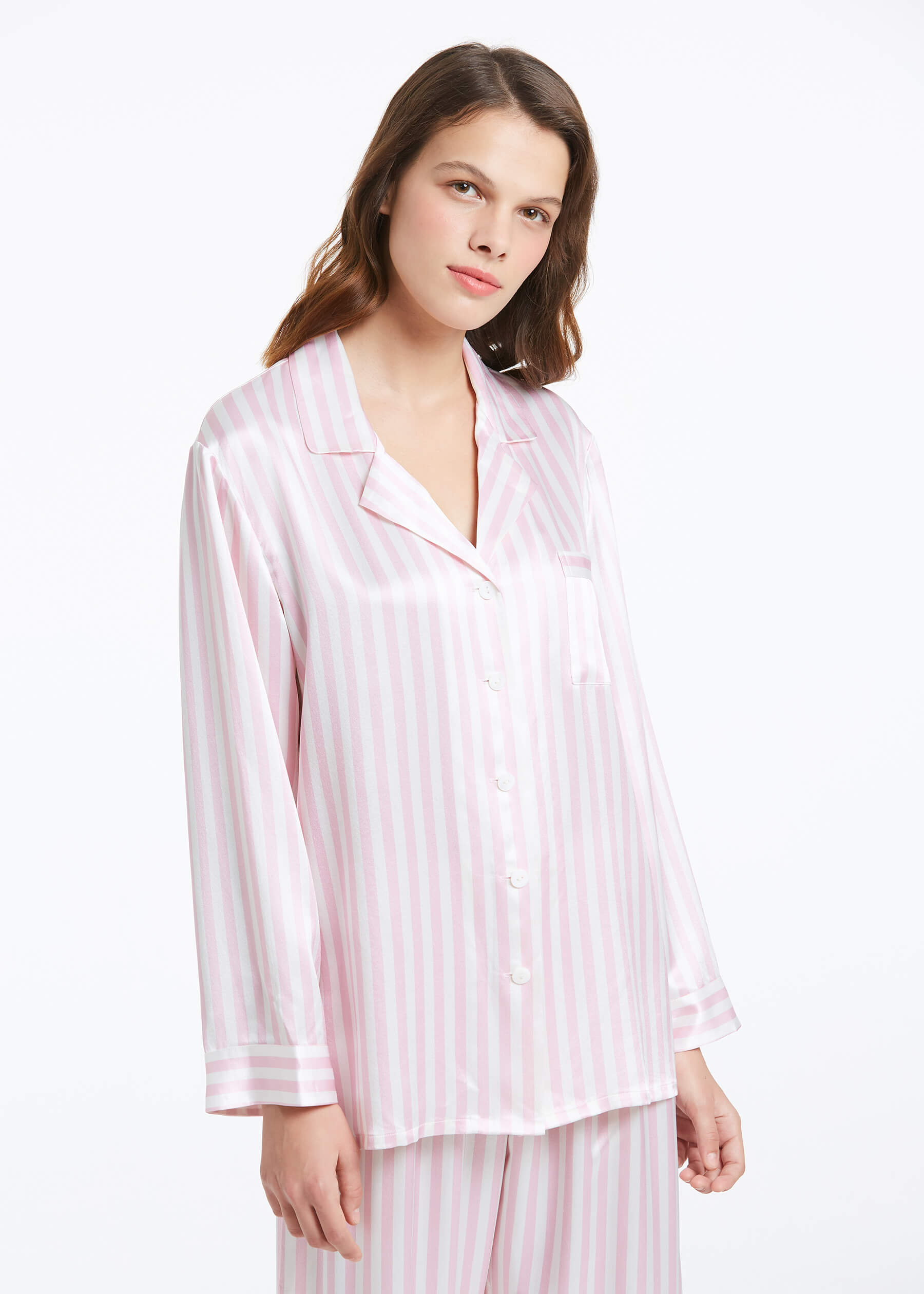 22 Momme Women Soft Pajamas With Pink And White Stripe Pink And