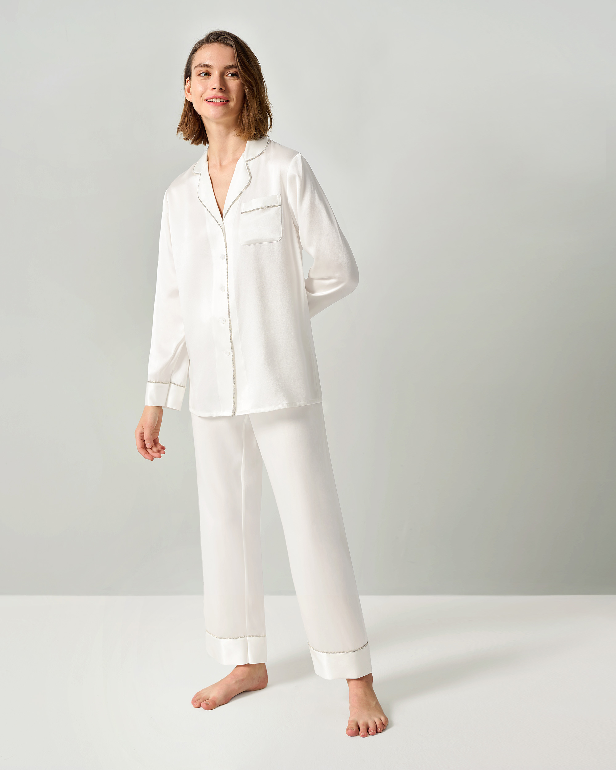 Rhinestone Trimmed Silk Women Pajamas Set