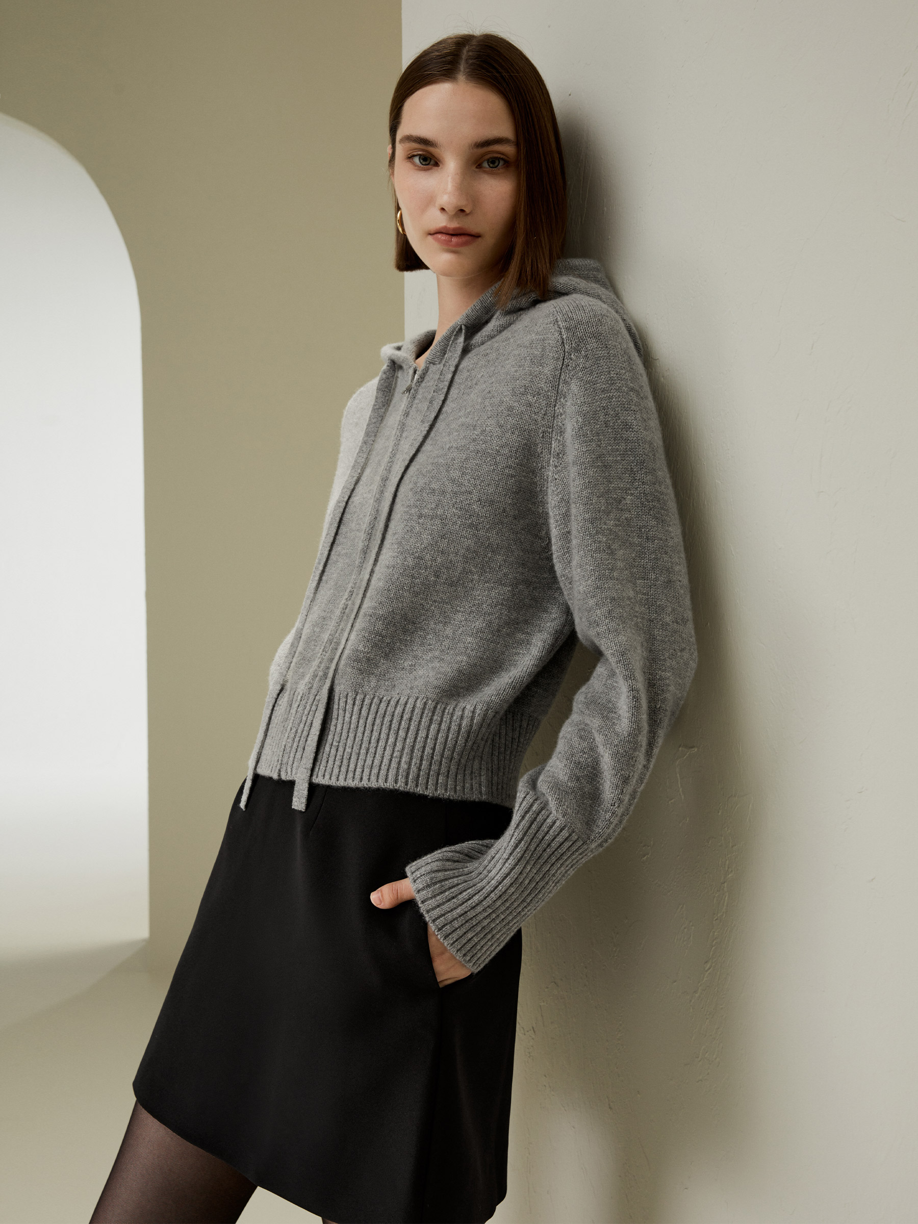 Short Zip Up Wool Cashmere Hoodie