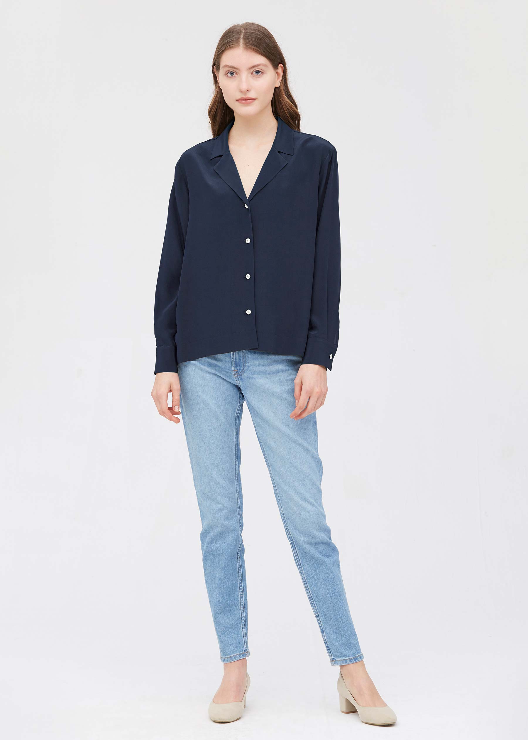 Navy blue 2024 silk shirt womens