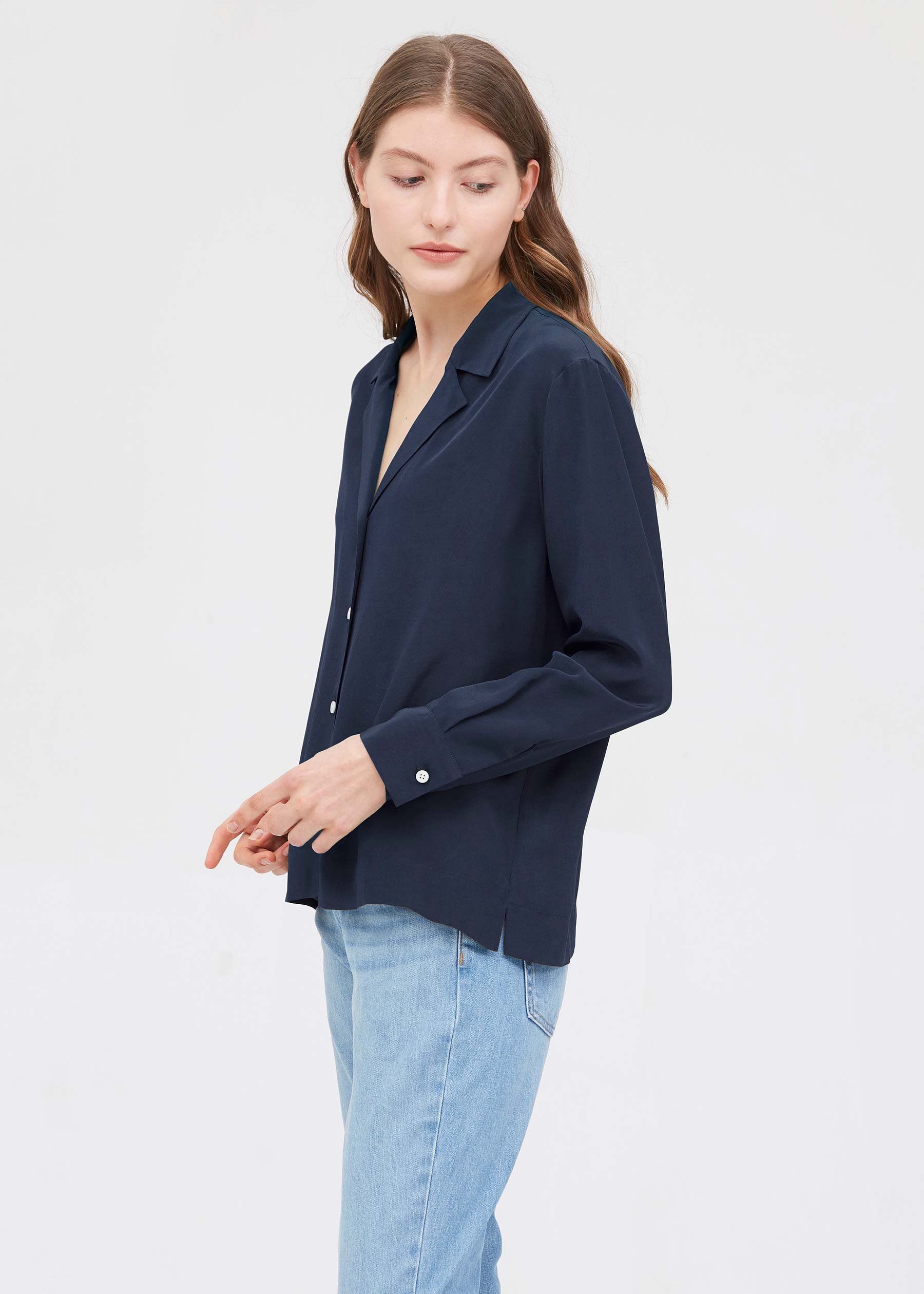 Navy blue 2024 silk shirt womens