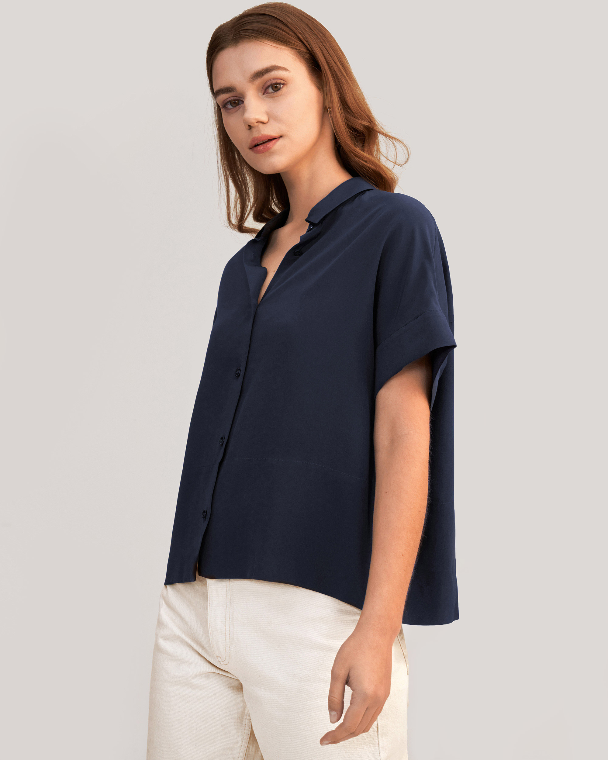 Blue silk t sales shirt