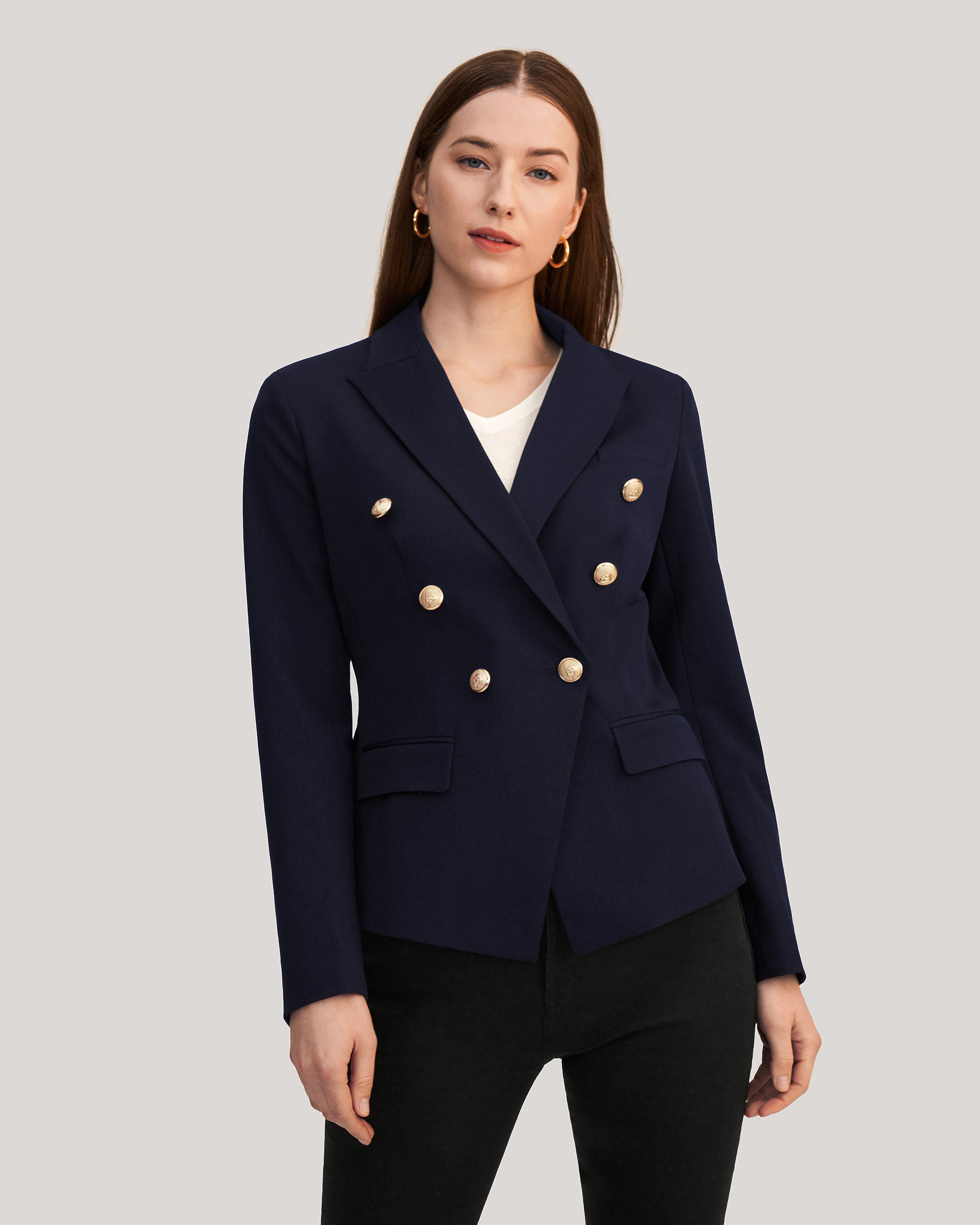 Classic Double Breasted Slim Blazer Navy Blue XL