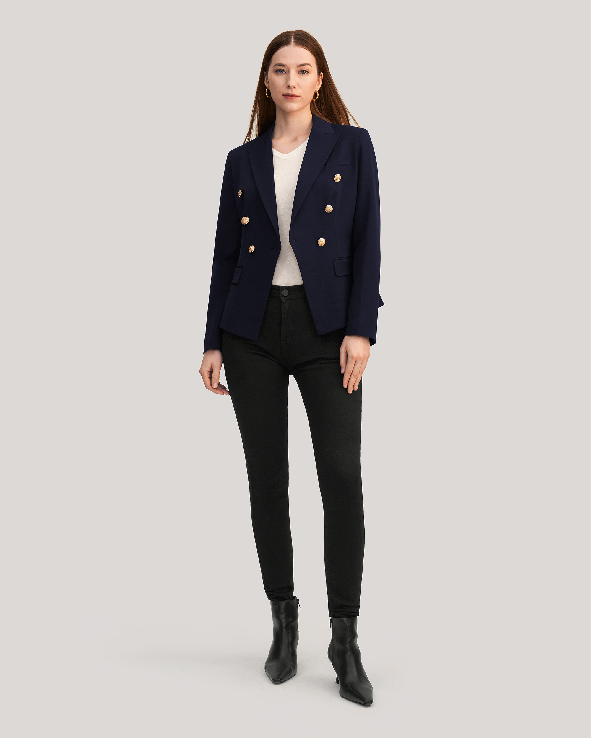 Womens navy blue double breasted blazer 2024 with gold buttons