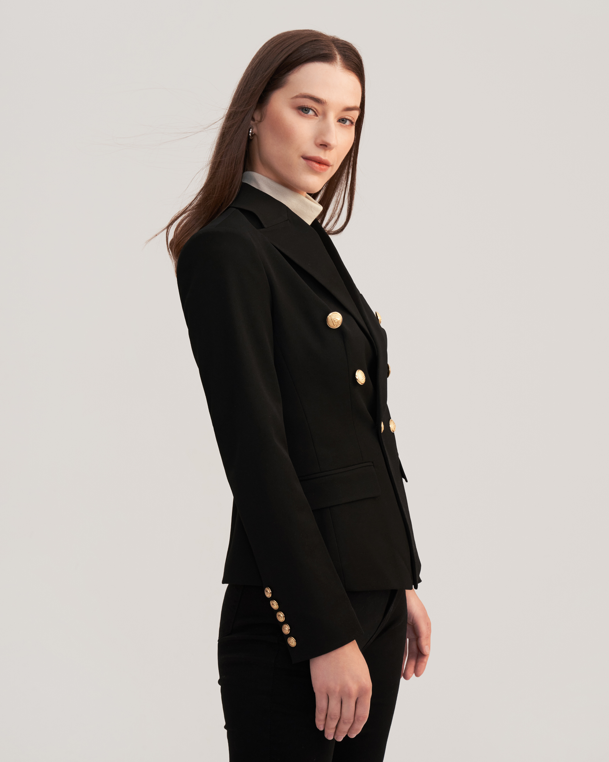 Women's black double breasted shop blazer with gold buttons