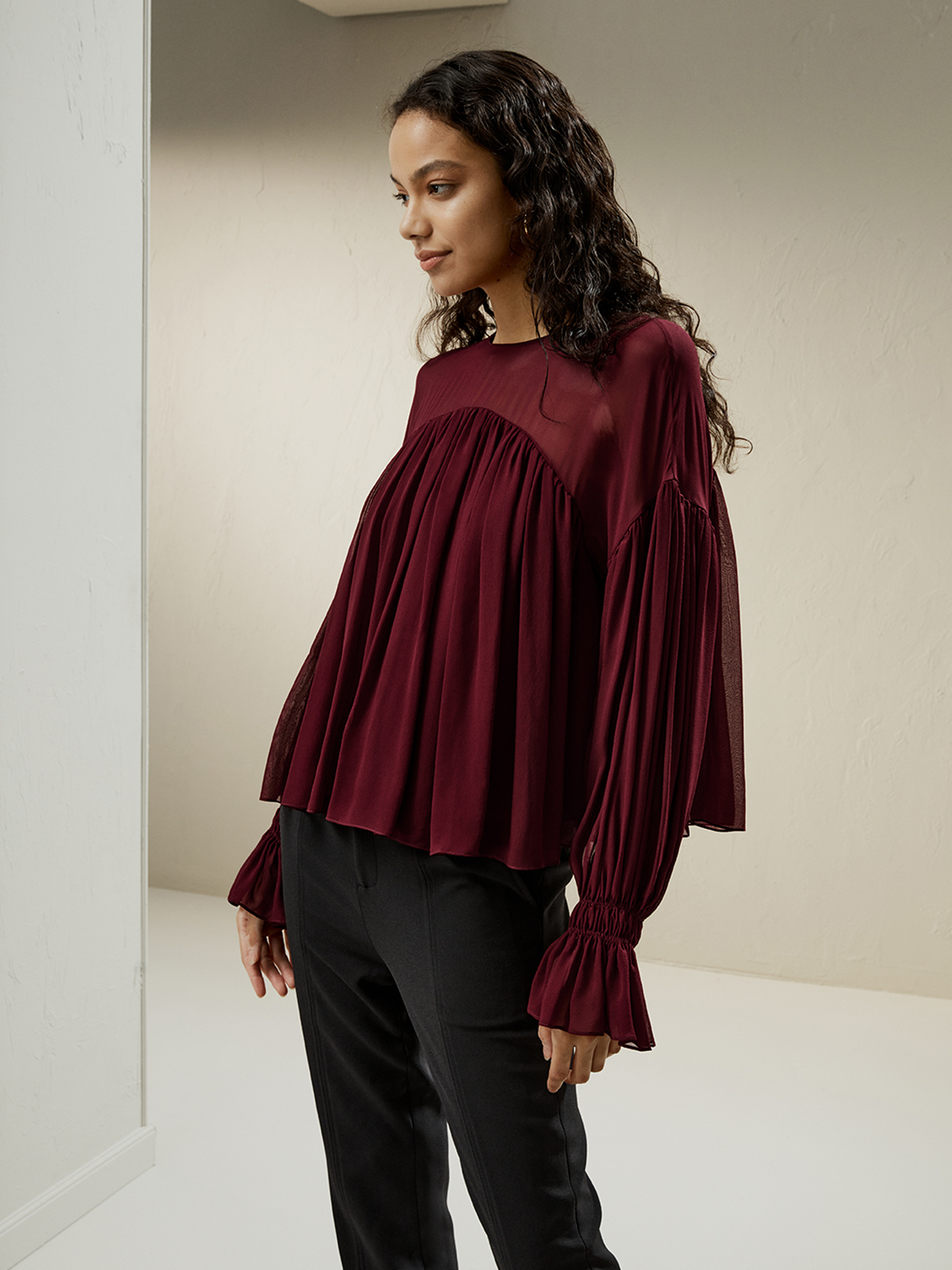 Sheer ruffle sleeve store top